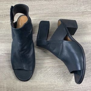 Coclico Black Leather Open Toe Block Heel Bootie